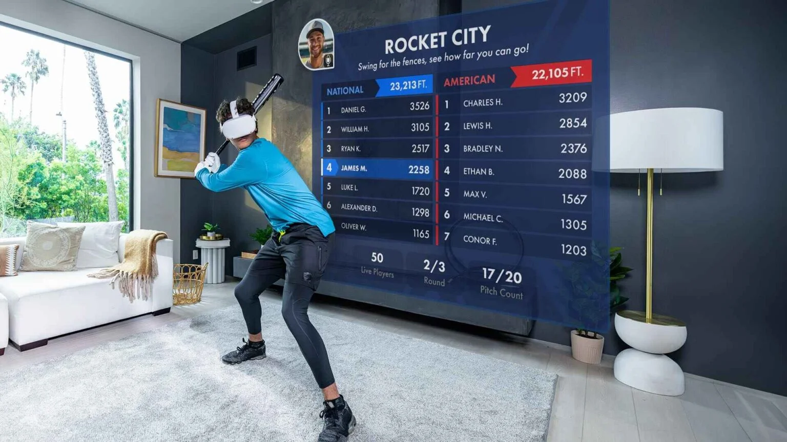 Image of a baseball player using WIN's training platform indoors