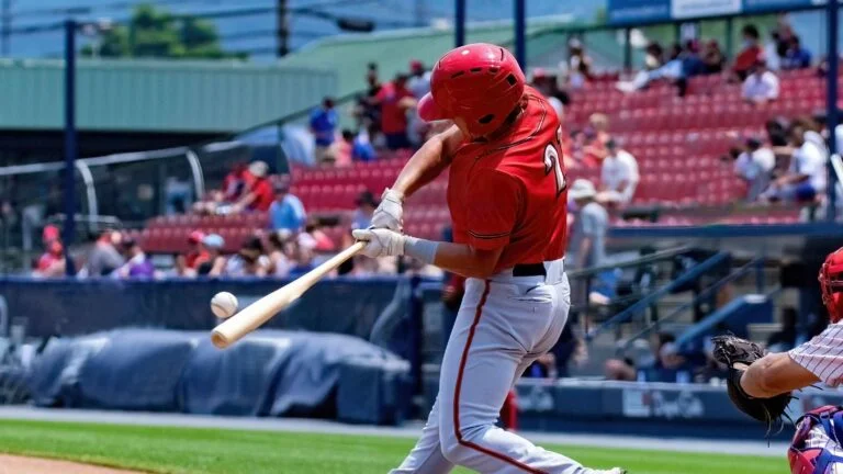 Picture of a baseball player gripping a bat