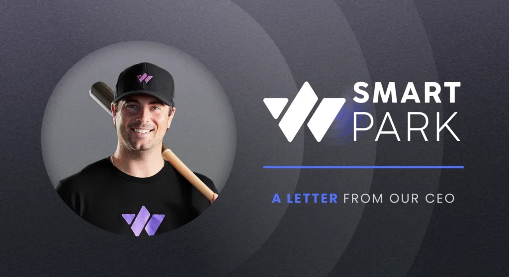 An image of WIN's CEO, Chris O'Dowd on the left side of the image, with pulsing circles coming from his image. On the right of the frame is the SmartPark logo on top of some text that reads: "A Letter from Our CEO".